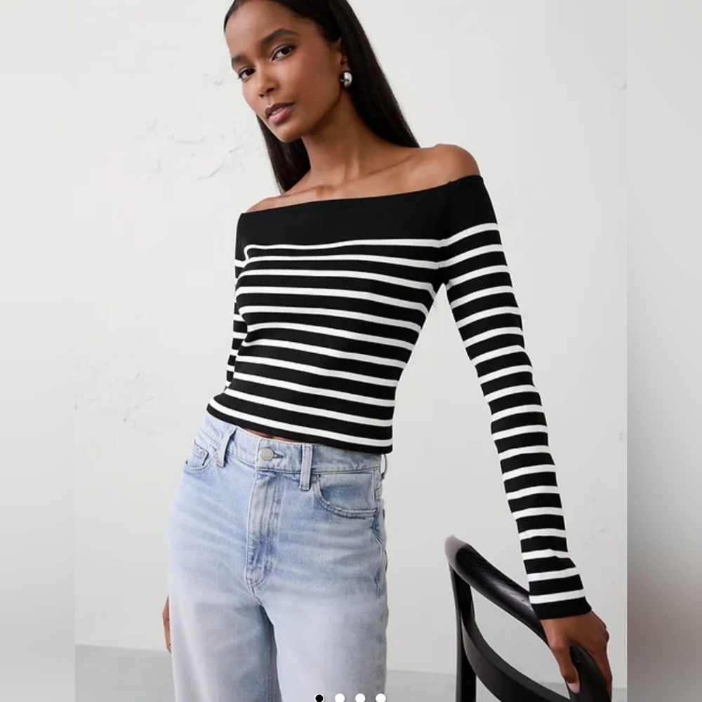 Banana Republic Black and White Striped Off-the-Shoulder Sweater